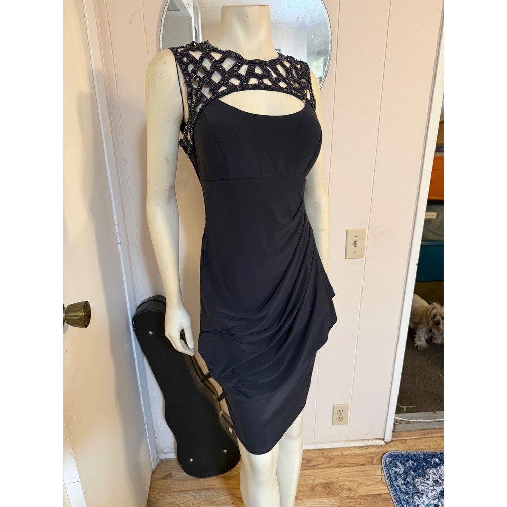 Xscape Womens Beaded Lattice Neck Ruched Bodycon Cocktail Dress Navy Black 8